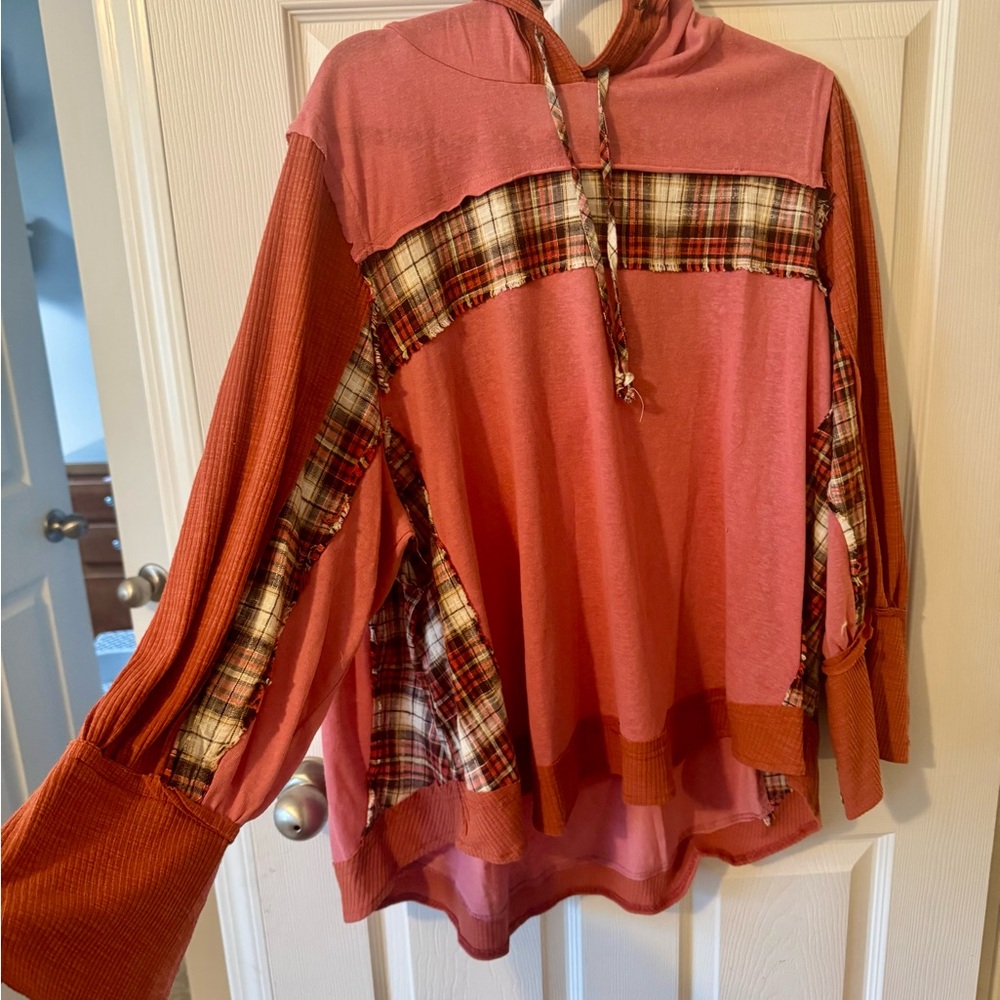 POL Women's Long Sleeve Plaid Top - Red and Orange
